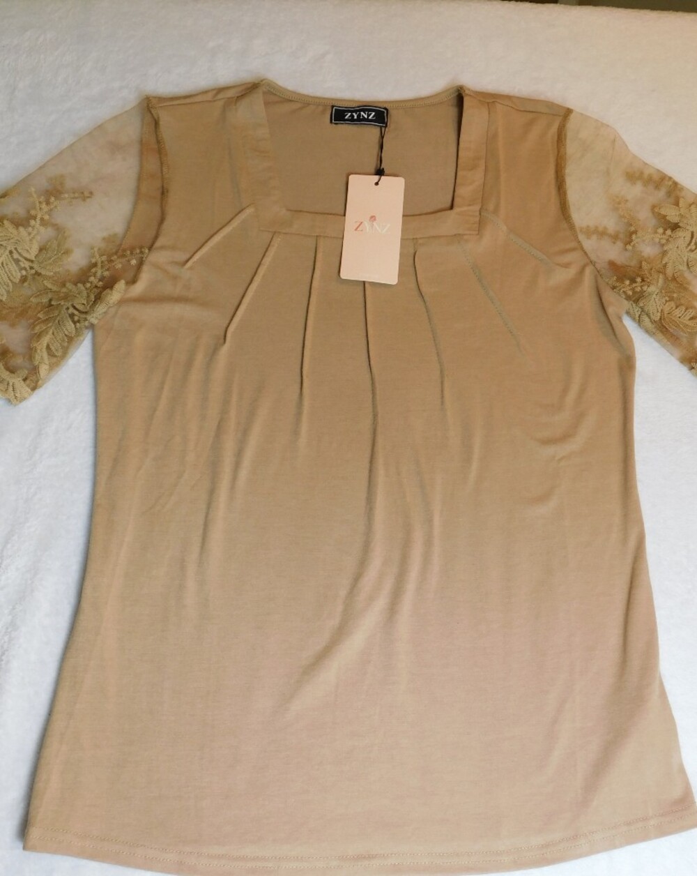 Women's Beige Lace Sleeve Square Neck Top